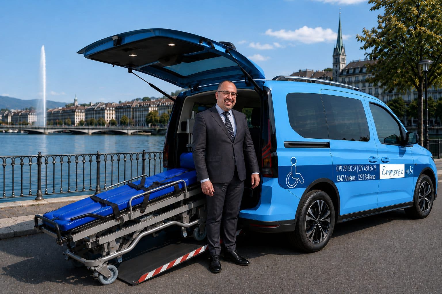 Chauffeur Emmenez-moi devant le véhicule de transport couché à Genève, brancard et Jet d’Eau